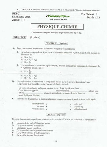 Sujet de Physique Chimie BEPC 2015 zone 2