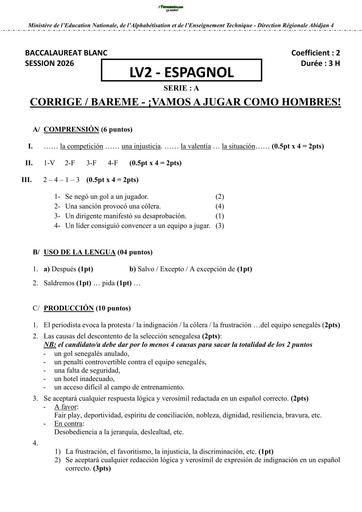 BAC BLANC MARS 2026 DRENA ABIDJAN 4 SUJET LV2 ESPAGNOL SERIE A (BAREME) by TEHUA