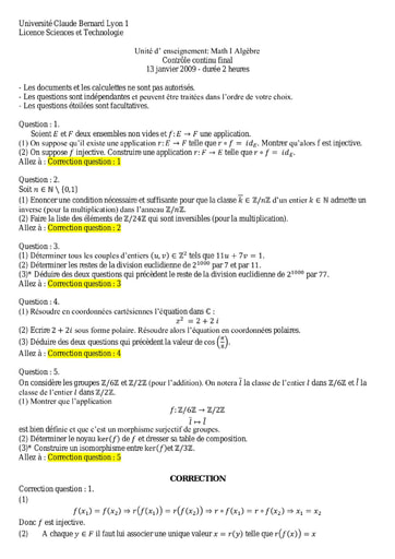 Sujet corrigé de Mathématiques I (Analyse) - Licence Sciences et technologie - 2009