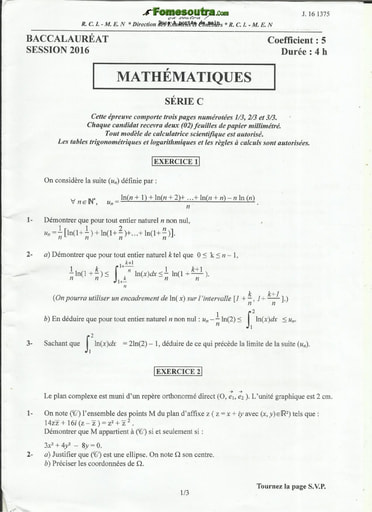 Sujet de Maths BAC C 2016