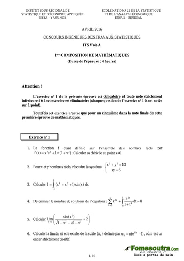 Sujet et Corrigé 1ère épreuve de maths ITS A 2016 (ENSAE - ISSEA)