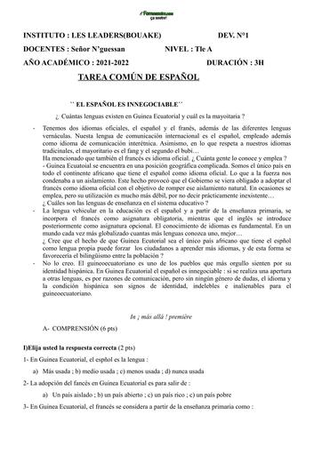 DEVOIR N°1 D'ESPAGNOL NIVEAU Tle A BOUAKE BY TEHUA