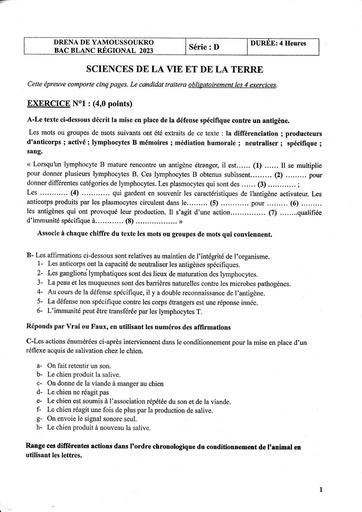 SVT BAC blanc D sujet+barème Yamoussoukro 2023 by Tehua