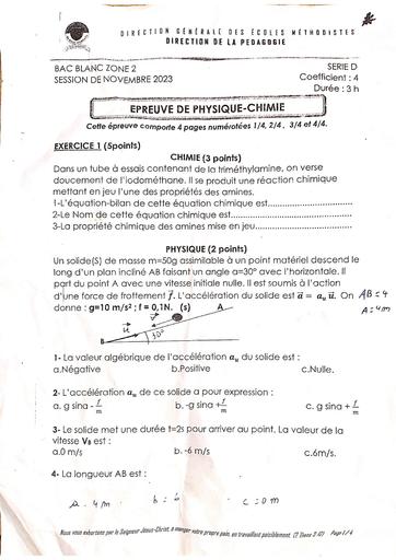 Compo de fin de trimestre Nov 2023 Tle D PC CSM de cocody By Tehua