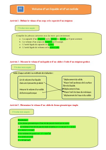 Leçon 8   Volume d'un liquide et d'un solide, lu et envoyé