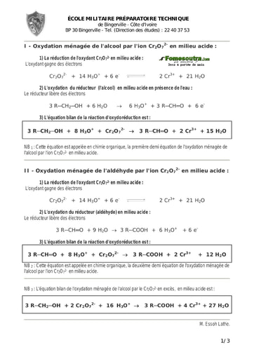 Étude des oxydations niveau Terminale