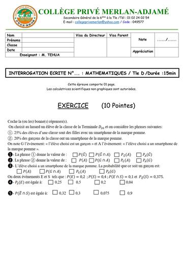INTERROGATION ECRITE MATHS Tle D (PROBABILITE 1) NOVEMBRE 2025 MERLAN