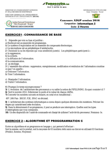 Sujet d'Informatique 2 concours A2GP 2016