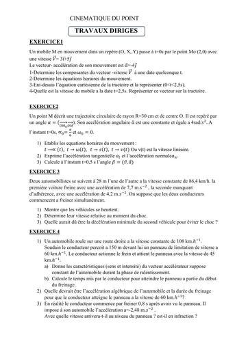 Fiche de travaux dirigés PHYSIQUE Tle D CINEMATIQUE DU POINT by Tehua