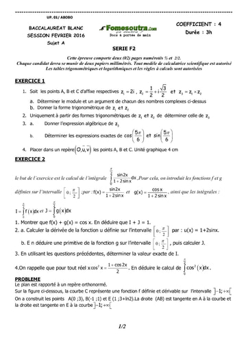 Sujet de Maths BAC blanc 2016 serie F2 - UP Abobo