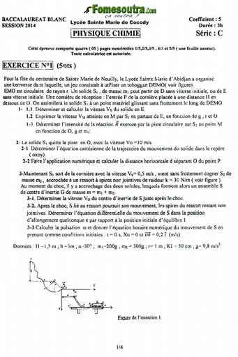 Sujet de Physique-Chimie BAC blanc 2014 série C Lycée Classique de Cocody