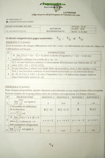 Devoir de Mathématiques niveau Terminale D - Collège La Perouse - Année scolaire 2021-2022