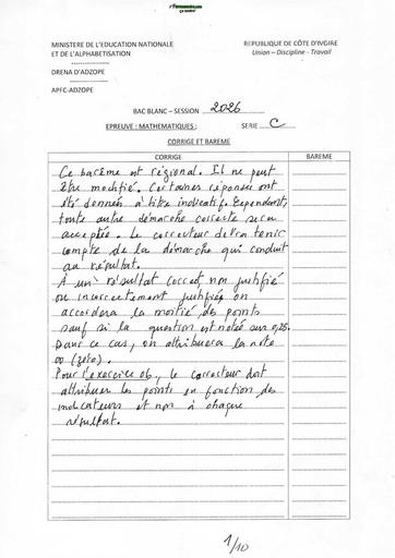BAC BLANC 2026 DRENA ADZOPE SUJET MATHS SERIE C (BAREME) by TEHUA