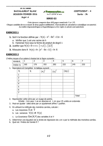 Sujet de Maths BAC blanc 2016 serie G2 - UP Abobo