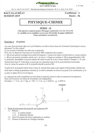 Sujet de Physique-Chimie BAC D 2019