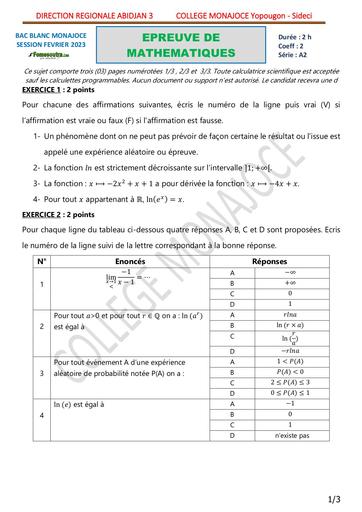 EPREUVE BAC BLANC 2023 MATHEMATIQUES SERIE A2 COLLEGE MONAJOCE YOPOUGON COTE D'IVOIRE