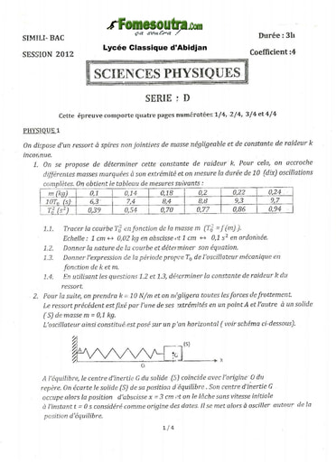 Sujet de Physique-Chimie BAC blanc 2012 série D Lycée Classique d'Abidjan