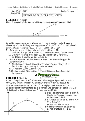 Devoir 18 Physique-Chimie niveau Terminale D Lycée  Moderne Dimbokro