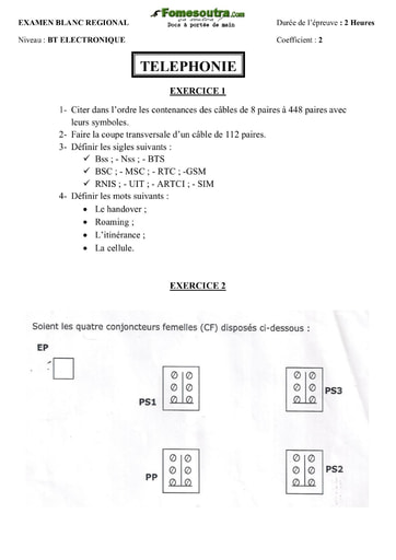 Sujet de Téléphonie - Examen blanc regional - BT Electronique