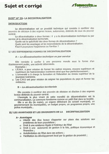 Sujet Corrigé de Dissertation: La décentralisation