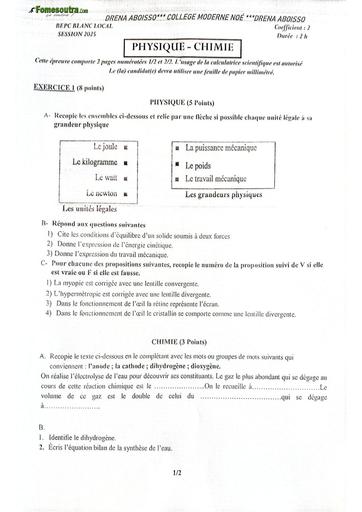 EXAMEN BLANC INTERNE ABOISSO NOE BEPC PHYSIQUE CHIMIE 3ième BY TEHUA