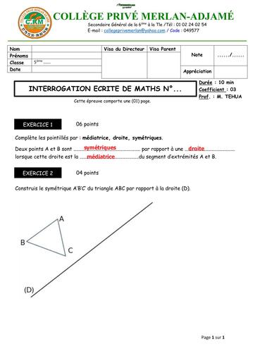 INTERROGATION ECRITE N°2 MATHS NIVEAU 5ième (FIGURES SYMÉTRIQUES PAR RAPPORT À UNE DROITE) BAREME BY TEHUA