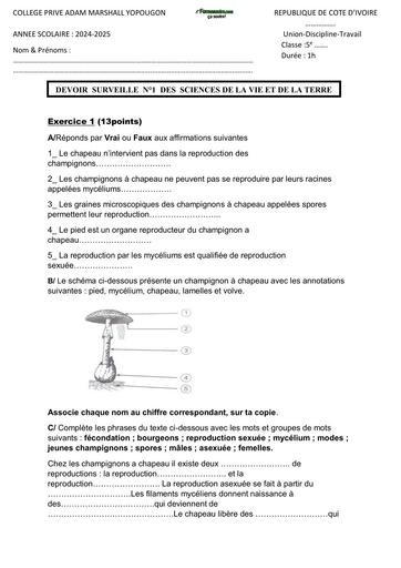 SUJET 5ième devoir SVT 5e sur les champignons COLLEGE ADAM MARSHALL by TEHUA
