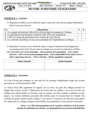 Devoir Histoire-Géographie Niveau Troisième Groupe Scolaire Sainte Foi