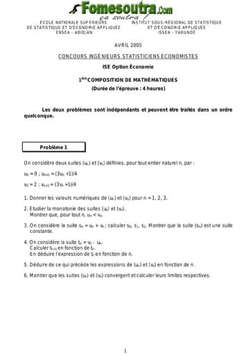 Sujet 1ère épreuve de maths ISE option économie 2005 (ENSEA)
