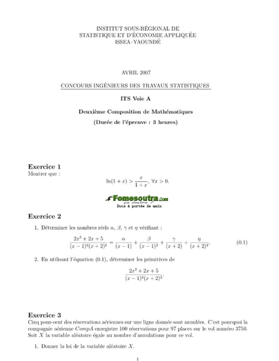 Sujet 2ème épreuve de maths ITS A 2007 (ENSAE - ISSEA)