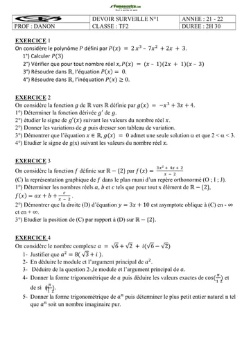 Devoir de Mathématique Niveau Terminale F2 2021-2022