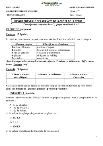 Devoir de SVT niveau 3ème - College Excellence de Soubré