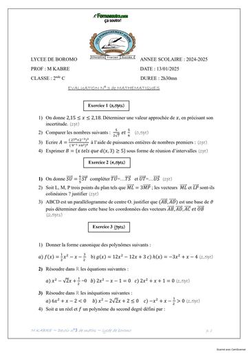 DEVOIR DE MATHS 2nde C LYCEE DE BOROMO sujet corrigé 2024 BY TEHUA