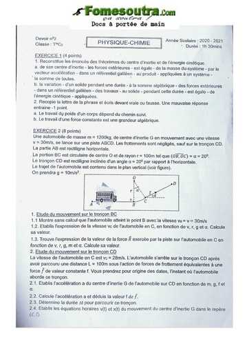 Sujets Seconde C Physique-Chimie 2020-2021 Lycée Classique Abidjan