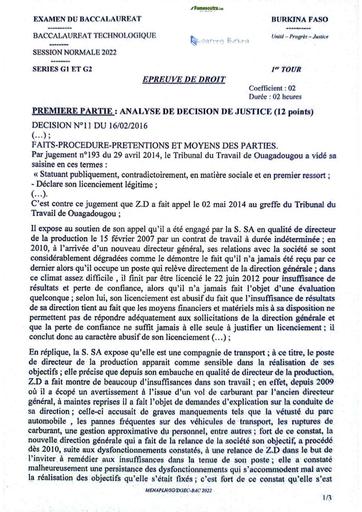 BAC TECHNOLOGIQUE BURKINA 2022 G1 G2  SUJET DE Droit 1ier tour by TEHUA