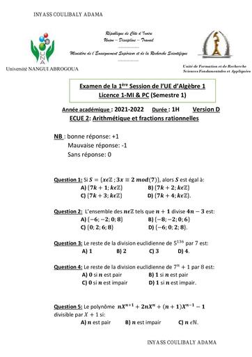 Sujet d'Algèbre 1 Version D (2021 2022) UNA-SFA by inyass