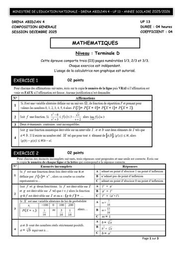 COMPOSITION GENERALE SESSION DECEMBRE 2025 MATHS Tle D