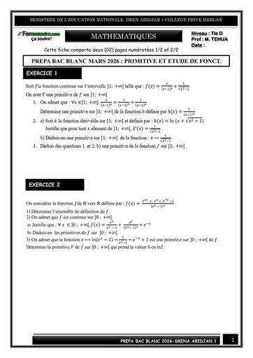 FICHE DE PREPA BAC BLANC MARS 2026 DREN 1 MATHS PRIMITIVE FONCTION PROBA BY TEHUA