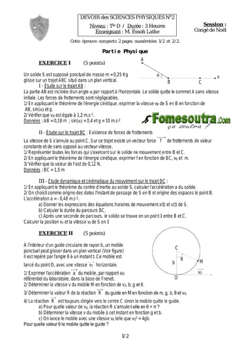 Devoir (2) Physique-Chimie niveau Terminale D - EMPT Bingerville