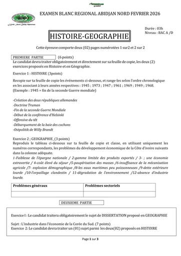 BAC BLANC FEVRIER 2026 DRENA ABIDJAN NORD SUJET HISTOIRE GEOGRAPHIE SERIE ABCD (SUJET) by TEHUA