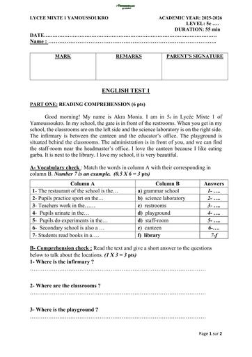 DEVOIR D'ANGLAIS NIVEAU 5ième LM1 YAKRO 2026 UNIT 1 BY TEHUA