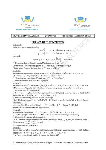 Fiche nombres complexes xam Tle S by Tehua