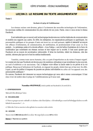 Le resumé du texte argumentatif - Cours de français niveau 3eme