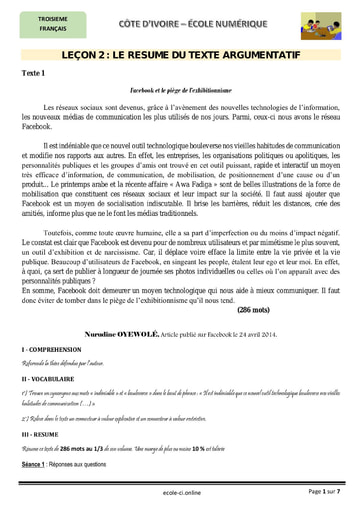 Le resumé du texte argumentatif - Cours de français niveau 3eme