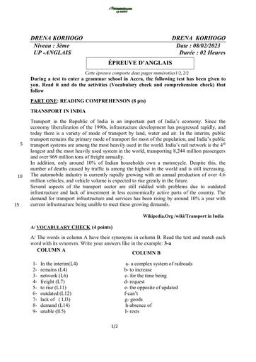 Sujet 3ième DEVOIR d'anglais UP Korhogo 3eme By Tehua