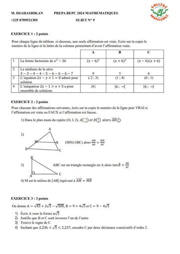 SUJET 9 PREPA BEPC 2024 MATHS C MONAJOCE by DJAHASHIKAN