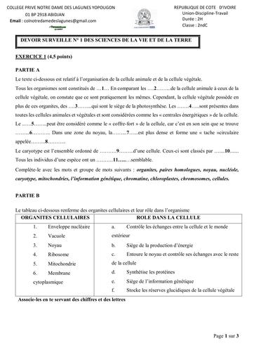 SUJET 2nde C DEVOIR SURVEILLE N °1 SVT 2nde CPNDL DE YOP BY TEHUA