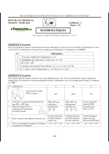 Bepc blanc 2024 Maths dren Korhogo sujet+barème by Tehua