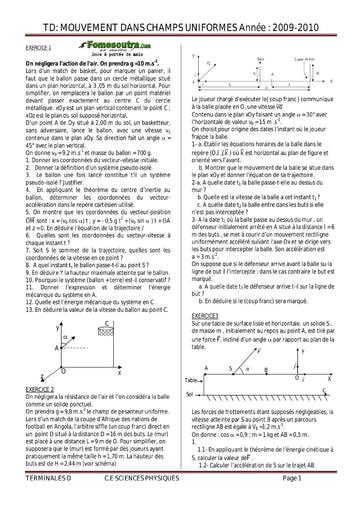 Sujet (5) de Physique portant sur le Mouvement dans un champ uniforme - Terminale C