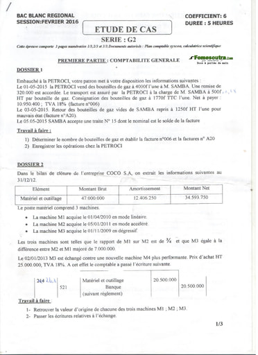 Sujet d'étude de Cas BAC blanc régional 2016 série G2